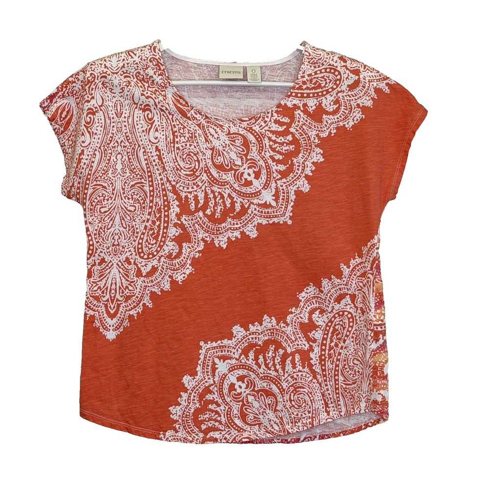 Chico's Top Womens Sz 0 US Small Orange White Short Cap Sleeve Round Neck Cotton